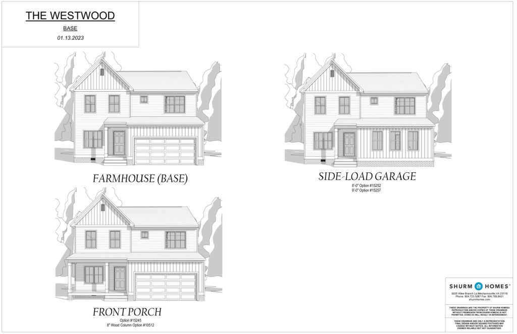 Blueprint of three house designs by Shurm Homes, labeled Farmhouse, Front Porch, and Side-Load Garage, inspired by Westwood's traditional aesthetics.