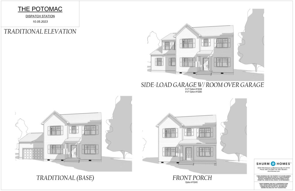Architectural plans for The Potomac at Dispatch Station showcase traditional elevation with a side-load garage and charming front porch views.