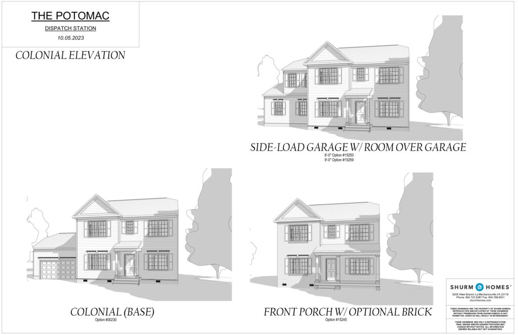 Architectural drawings of a two-story house, inspired by Potomac elegance, featuring various elevation options with garage and porch variations.