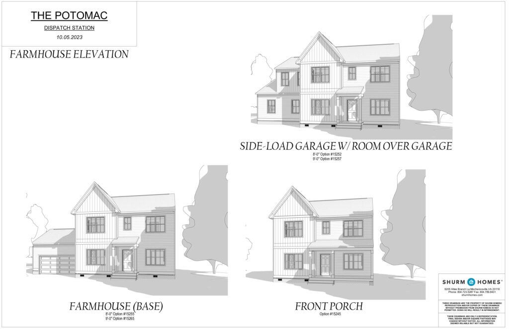 Architectural drawings of The Potomac house design, featuring a charming farmhouse elevation and versatile side-load garage options, capture the essence of timeless style.