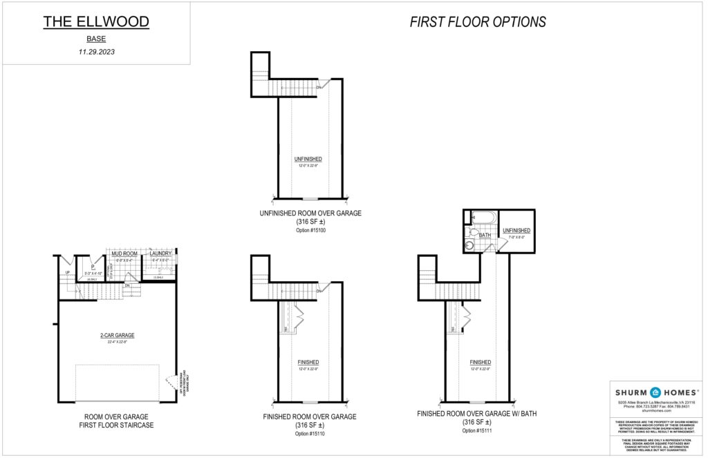 Blueprint of the Ellwood base model showcasing first-floor options includes unfinished and finished rooms over the garage, with a room featuring a bath. This dispatch station layout maximizes space and functionality for convenient living.
