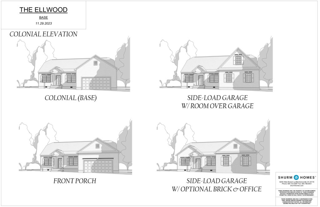 A set of architectural sketches for the Ellwood home design, showcasing various garage and porch variations. This elegant collection highlights the versatility of the Ellwood blueprint, merging seamless design with functionality akin to a well-orchestrated dispatch station.