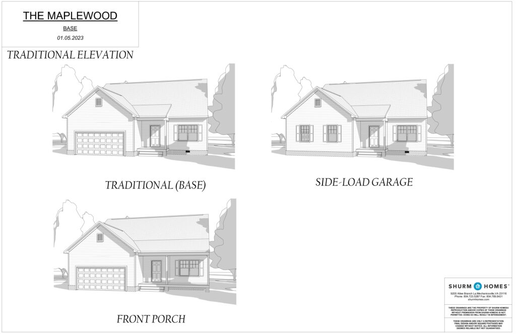 The Maplewood house plans feature three elevations: traditional, side-load garage, and charming front porch, exuding a warmth reminiscent of a quaint dispatch station in its thoughtful design.