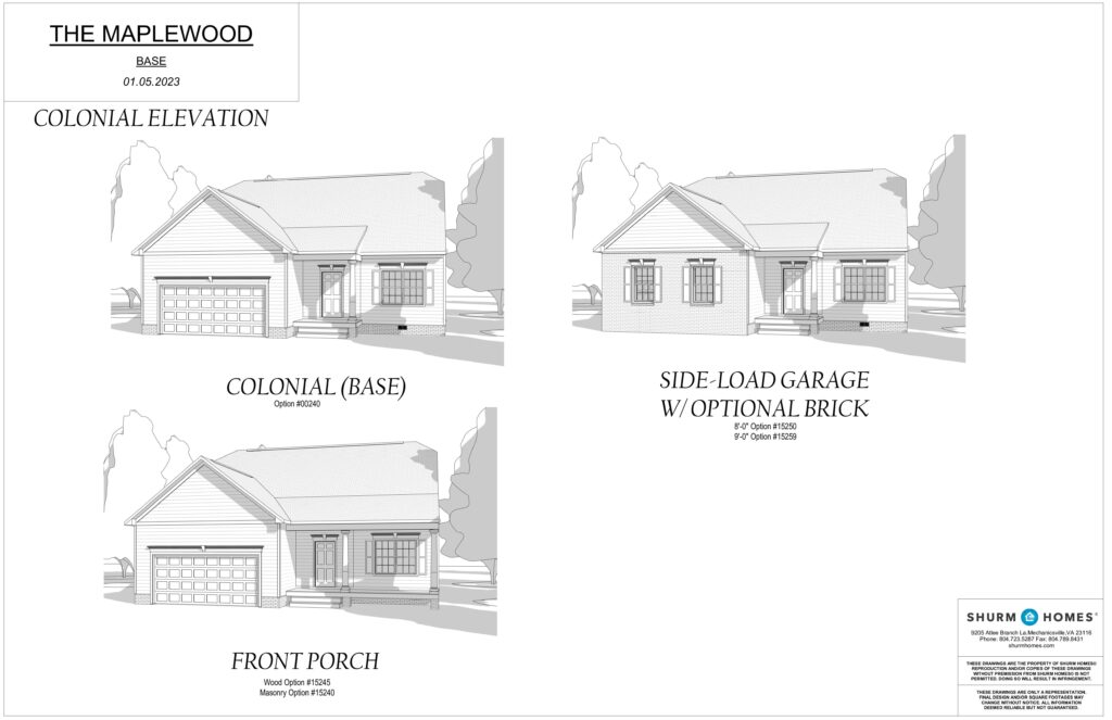Blueprints of a colonial-style house in Maplewood, showcasing front and side views with garage and porch options.
