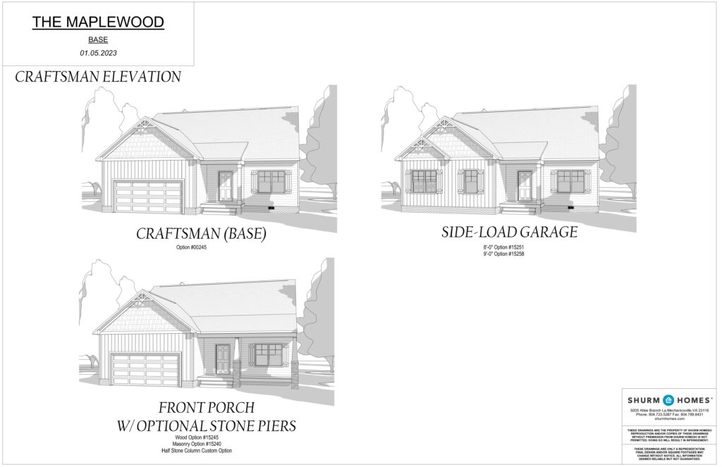 The blueprint of The Maplewood house features a craftsman style, with options for a side-load garage and charming front porch. This design acts as the perfect dispatch station for family gatherings and cozy evenings.