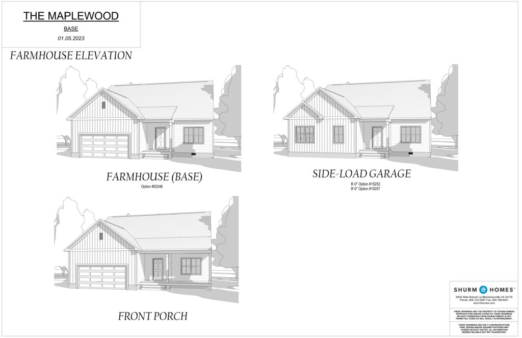 Architectural sketches of a charming Maplewood farmhouse with a welcoming front porch and side-load garage designs.