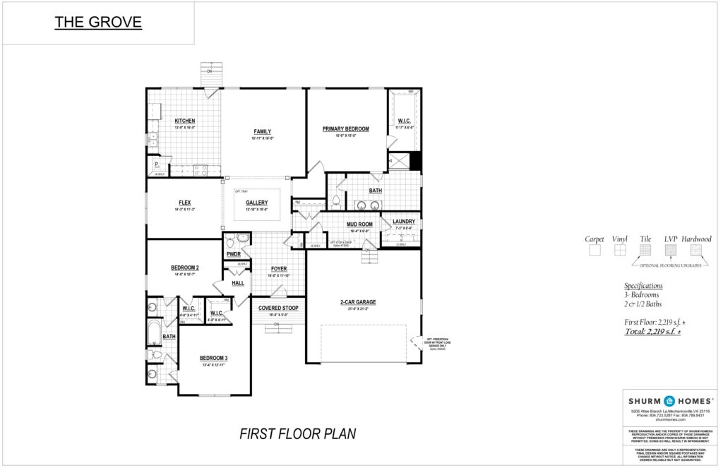 The floor plan of this single-story house, nestled in a serene grove, features three bedrooms, two bathrooms, a garage, and clearly labeled living areas. 