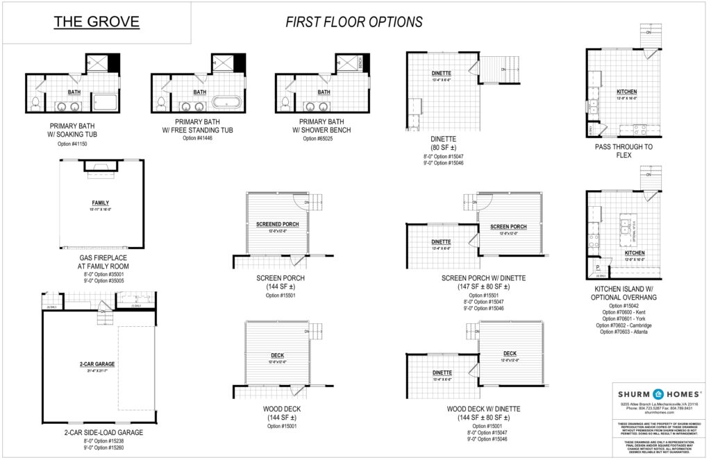 Explore floor plan options for the first floor at The Grove, featuring various room layouts, porches, and a convenient two-car garage. It's perfect for those seeking flexibility and style without compromising on practicality.