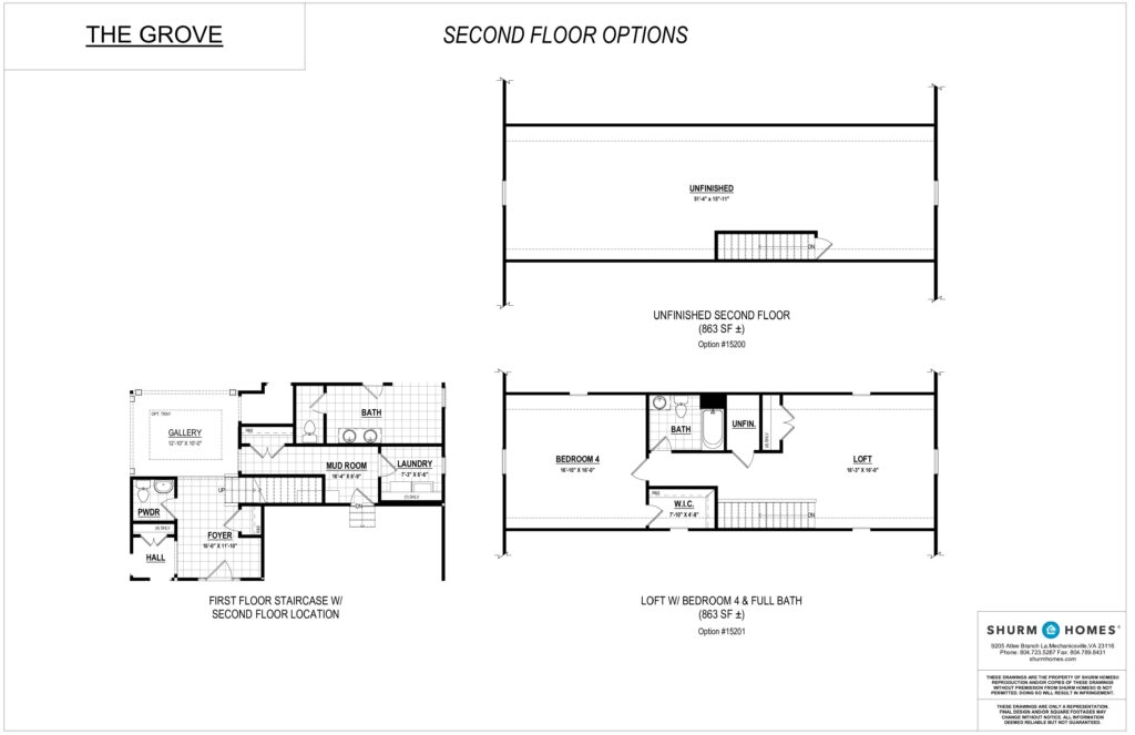 Blueprint of The Grove's second floor options with two room layouts and one unfinished layout. Includes stair and bath placements for optimal flow.