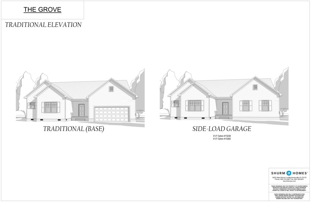 Architectural drawing of a house at The Grove, showcasing Traditional and Side-Load Garage views.
