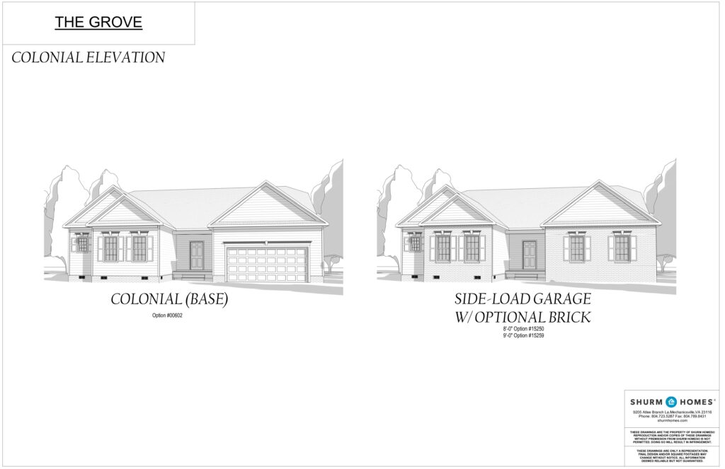 Colonial-style house elevations at The Grove feature a side-load garage and optional brick, blending classic charm with contemporary convenience.