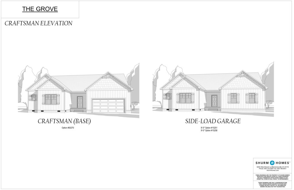 Blueprint of a craftsman-style house showing front views with a base and side-load garage, nestled in a serene grove setting.