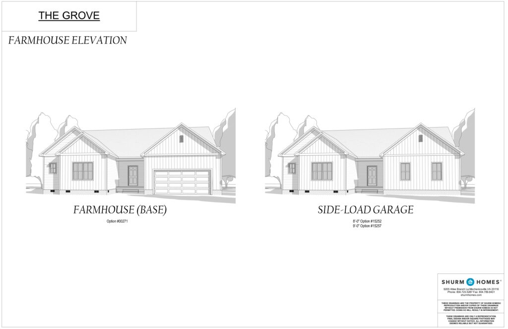 Architectural renderings of a farmhouse with base and side-load garage options, nestled in a serene grove setting.
