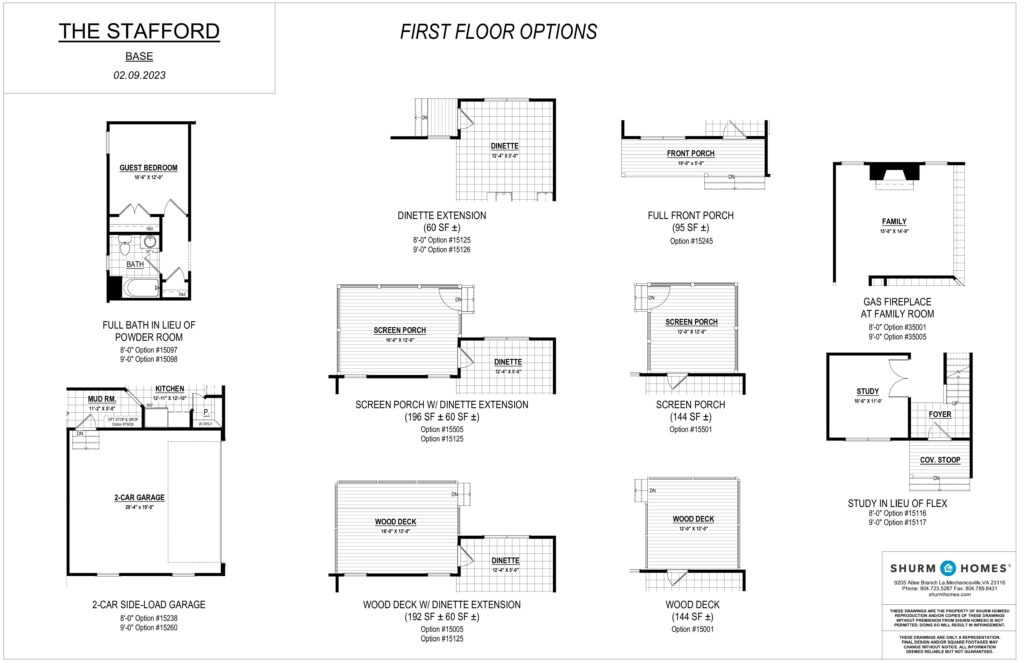 Blueprint showing various first-floor options for a Stafford home, including porches, decks, and a garage. The design cleverly integrates spaces reminiscent of a dispatch station for efficient flow and connectivity throughout the residence.