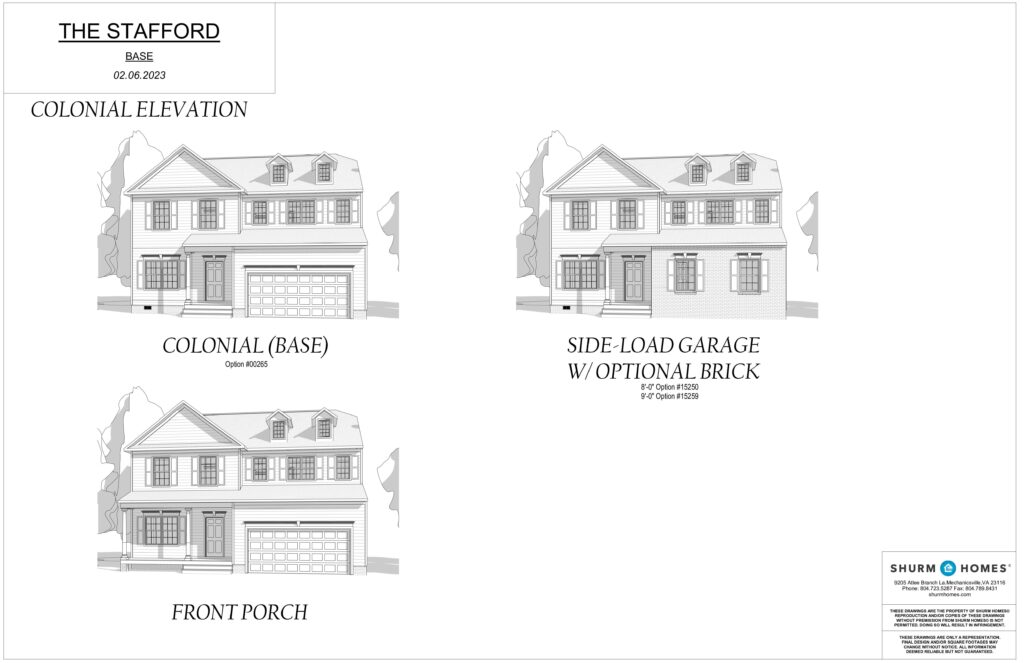 Colonial house elevations: base, front porch, side-load garage with a touch of Stafford elegance. Dated 02.06.2023. Shurm Homes logo proudly displayed in Dispatch Station style.