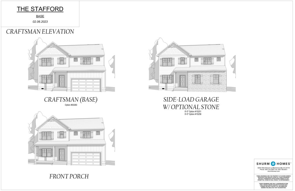 Architectural plans showcasing Stafford-style Craftsman house elevations, featuring options for a side-load garage and inviting front porch, reminiscent of the charm found in Dispatch Station.