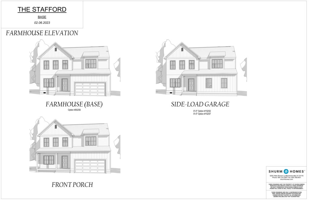 Architectural drawings of the Stafford house model showcase the front elevation, inviting front porch, and the versatile side-load garage options, making it feel like a dispatch station for modern living.