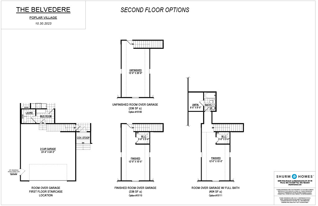 Architectural floor plan titled "The Belvedere" showing second-floor options such as an unfinished room over garage, finished room over garage, full bath, and additional finished room over garage.