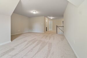 A neutral-toned, carpeted upper-level loft area with a central light fixture, visible railing, and access to a hallway and adjacent rooms.