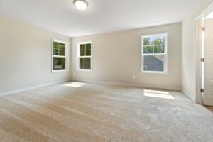 A carpeted room with beige walls featuring two windows, closed blinds, and a ceiling light fixture. Adjacent to the room is a white door leading to another area.