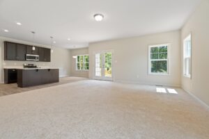 Spacious empty room with beige carpet, white walls, large windows, and a modern kitchen area featuring dark cabinets and stainless steel appliances. A door leads out to a deck with trees visible outside.