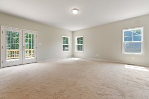 A spacious, carpeted room with two windows and double doors leading to a deck. The walls are painted a neutral color, and a ceiling light fixture is centrally mounted.