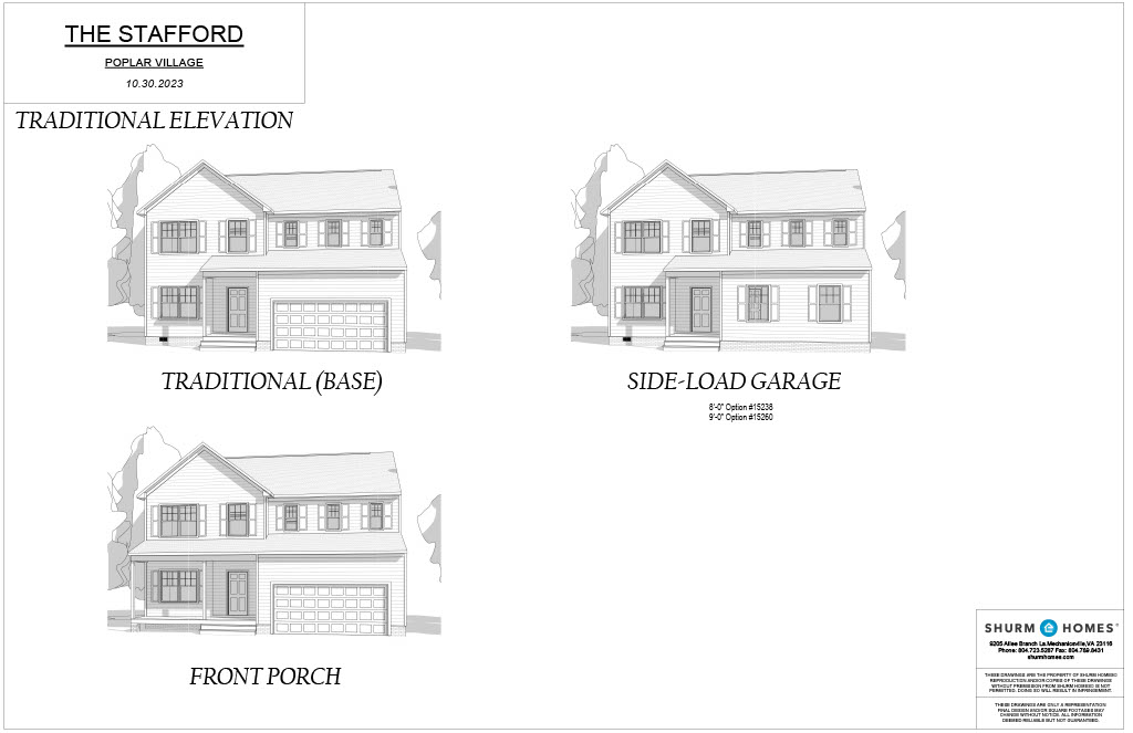 Architectural rendering of a two-story house named "The Stafford." Includes elevations for Traditional Base, Side-Load Garage, and Front Porch variations.
