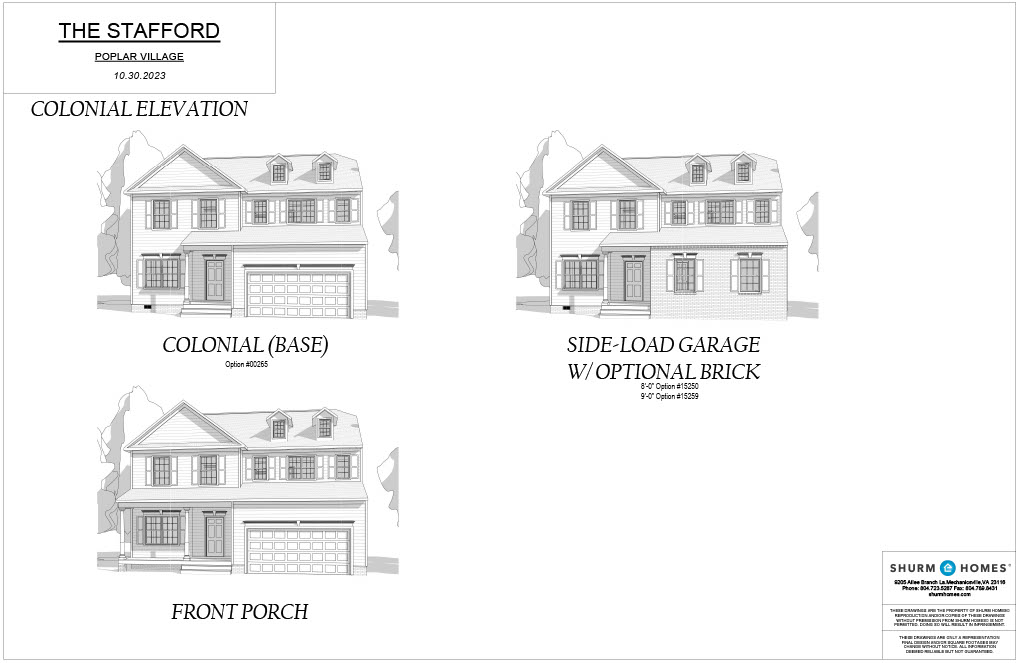 Architectural renderings of "The Stafford" from Shurm Homes, featuring three designs: Colonial Elevation, Colonial (Base) with Front Porch, and Side-Load Garage with Optional Brick.