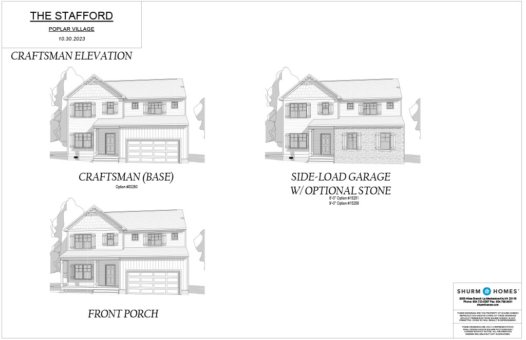 Black and white blueprint of the Stafford model home by Shurm Homes, featuring three style options: Craftsman (base), Front Porch, and Side-Load Garage with optional stone.