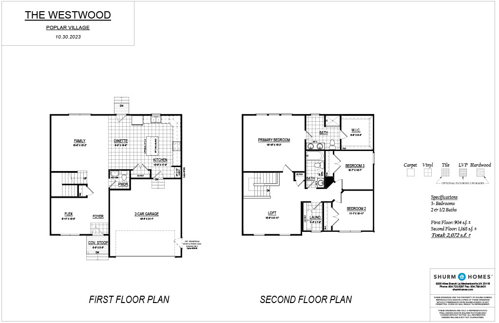 Floor plans of a two-story house named "The Westwood" at Poplar Village. The first floor includes a garage, kitchen, and great room. The second floor has three bedrooms and two baths. Total area is 2,017 sqft.