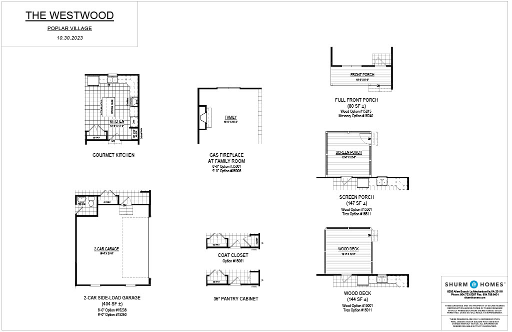 Floor plan layout for 'The Westwood' featuring a gourmet kitchen, gas fireplace in the family room, 2-car side load garage, full front porch, screened porch, and wood deck. .