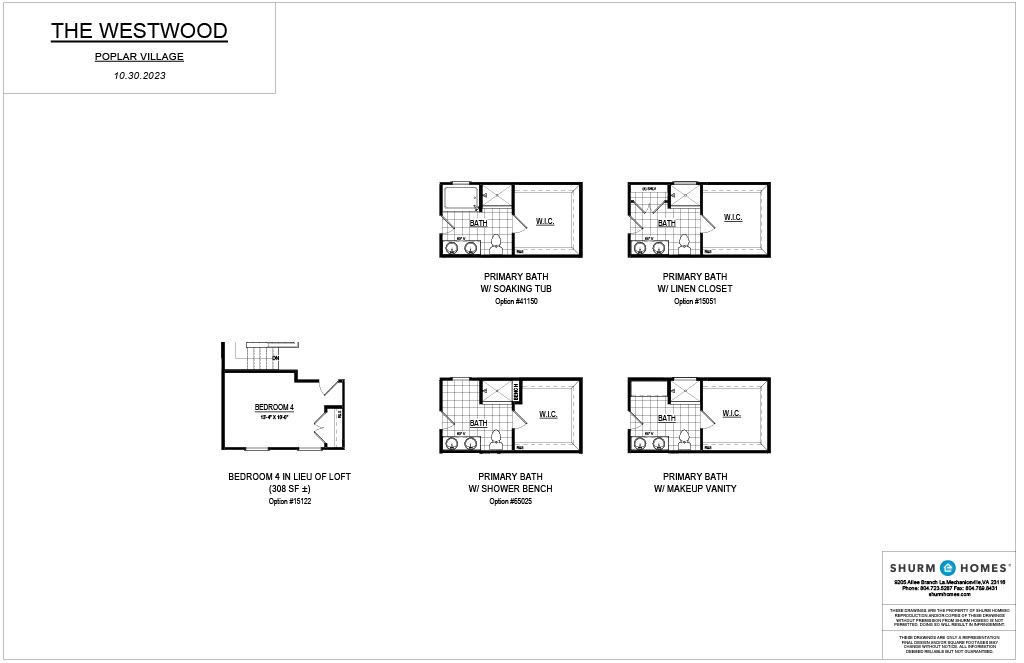 Floor plans for "The Westwood" model at Poplar Village, dated 10.30.2023, featuring various bathroom layout options and a bedroom in lieu of a loft.