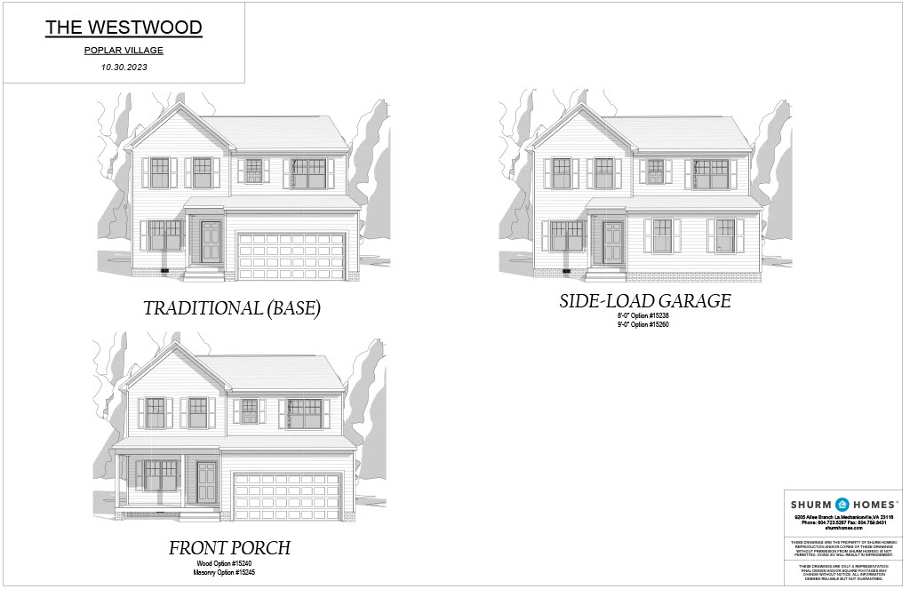 Architectural sketches showing three front elevations of "The Westwood" home in Poplar Village, dated 10.30.2023. The designs are titled Traditional (Base), Side-Load Garage, and Front Porch.
