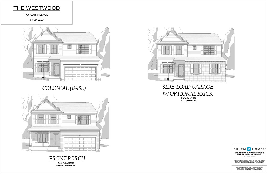 An architectural poster for three house designs: a Colonial base, a front porch layout, and a side-load garage option with brick. The designs are for The Westwood at Poplar Village by Shurm Homes.