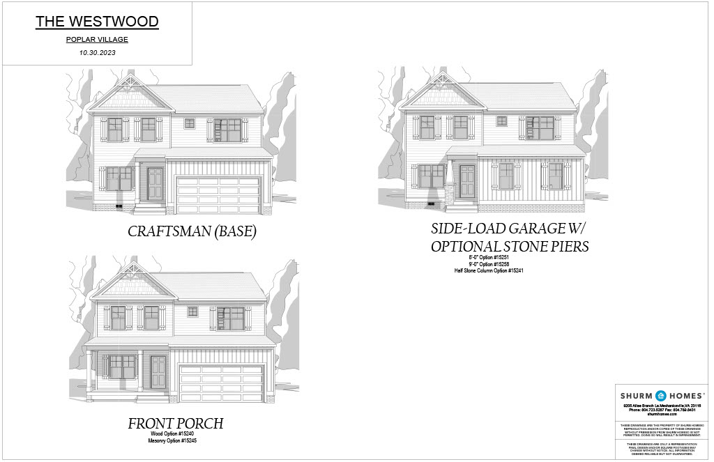 Blueprint of a two-story house showing three designs: Craftsman (base), Side-Load Garage with Optional Stone Piers, and Front Porch. Each variation includes minor architectural adjustments.