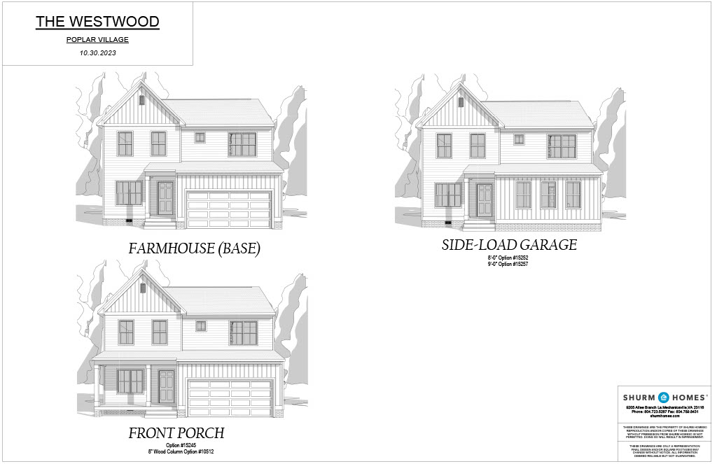 Architectural sketches of three house designs: Farmhouse (Base), Front Porch, and Side-Load Garage for The Westwood in Poplar Village by Shurm Homes, showing exterior front views and dimensions.