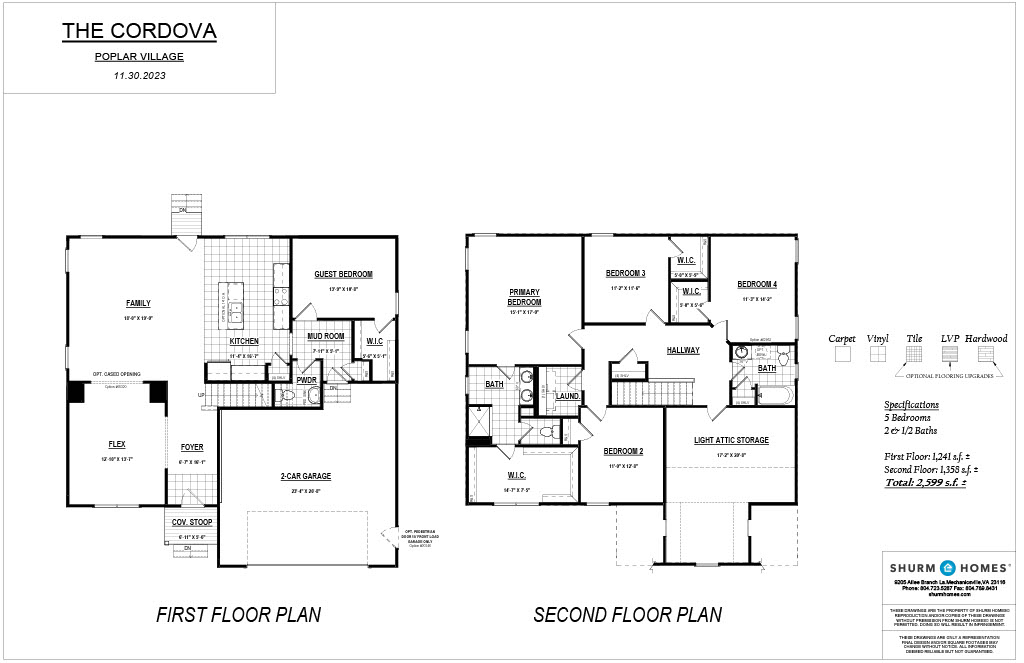 A detailed floor plan for "The Cordova" at Poplar Village, dated 11/30/2020. It includes layouts for the first and second floors, specifying room locations and dimensions, with a total area of 3,590 sq ft.