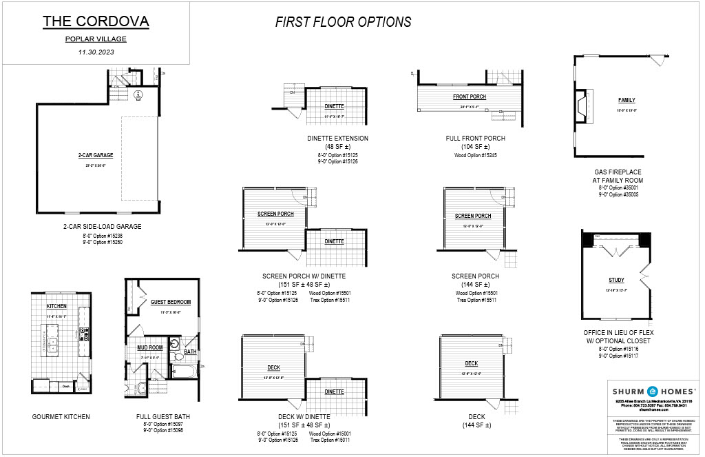 Image of a floor plan for "The Cordova" model at Poplar Village, with various first-floor options including garage, porches, fireplace, deck, screened porch, office, gourmet kitchen, and guest bath.