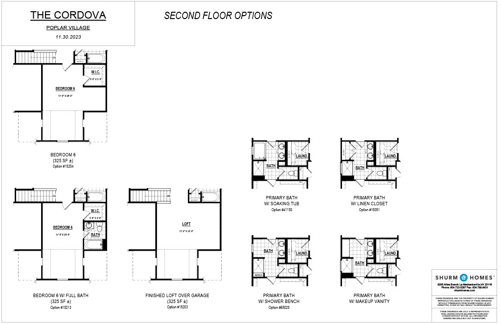 Architectural floor plan for the second floor of "The Cordova" at Poplar Village, includes optional configurations for bedrooms, bathrooms, and loft. Various room layout options are detailed on the right.