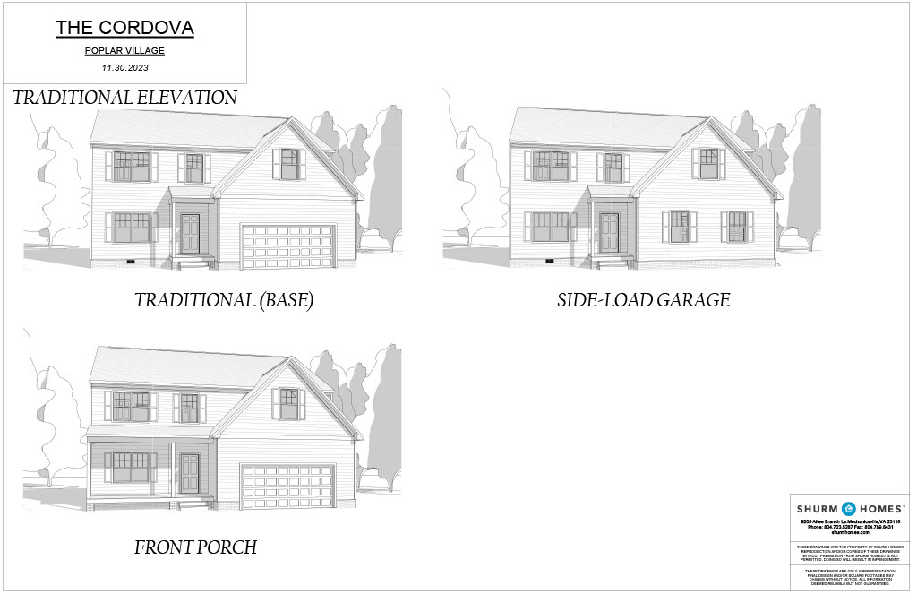 Architectural plans for "The Cordova" at Poplar Village, dated 11.30.2022, depicting three elevation options: Traditional (Base), Side-load Garage, and Front Porch, by Shurm Homes.