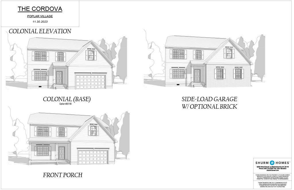 Architectural drawing of "The Cordova" model in Poplar Village, dated 11.30.2022. It shows three house designs: "Colonial Elevation", "Colonial (Base)", and "Side-Load Garage w/ Optional Brick".