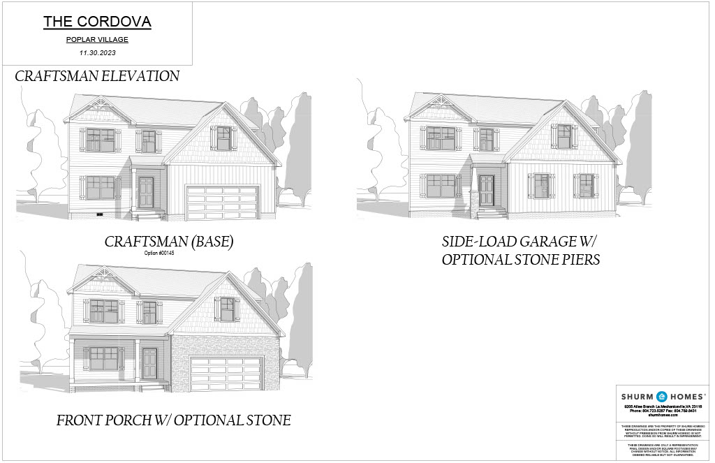 Architectural blueprint of a Craftsman-style home named "The Cordova" with three elevation options: Craftsman Elevation, Craftsman (Base), and Side-Load Garage with Optional Stone Piers.