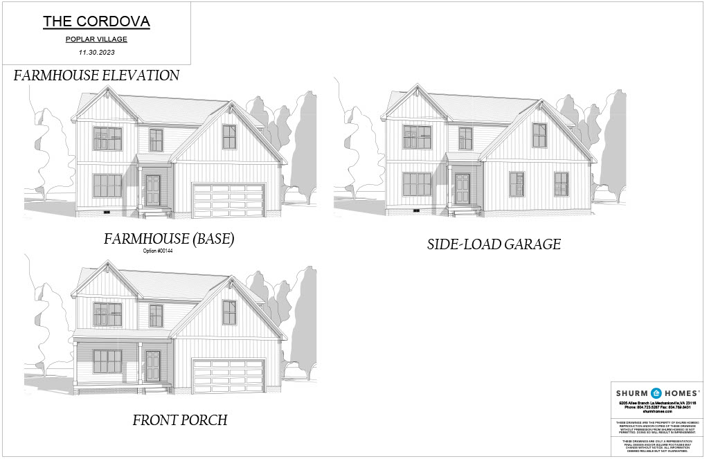 Architectural blueprint of The Cordova house model at Poplar Village. The design includes a farmhouse elevation, base option with side-load garage, and front porch. Dated 11.30.2022.
