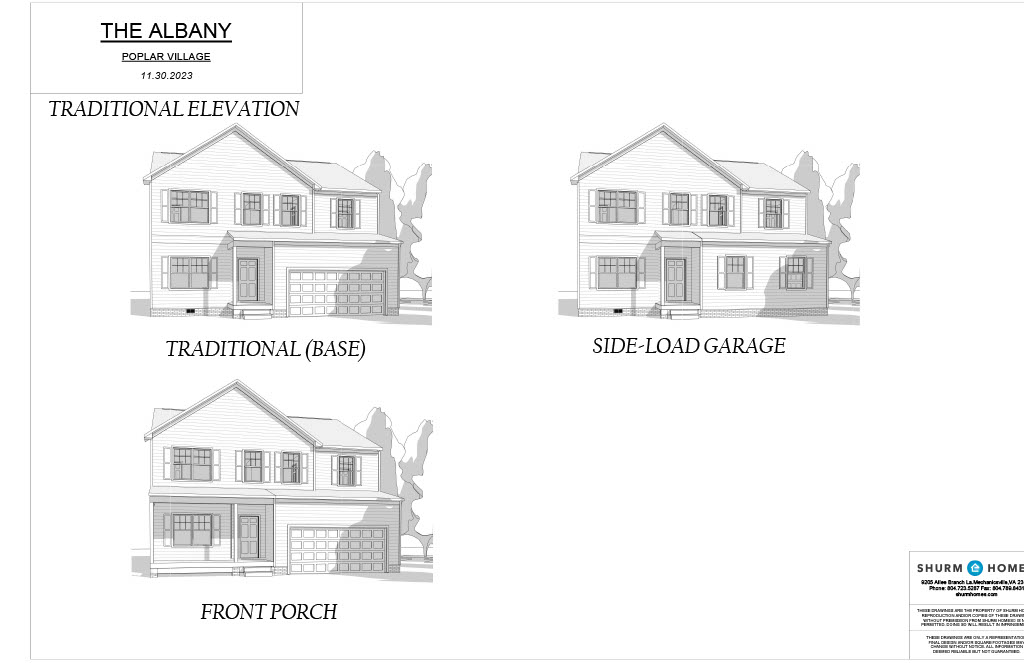 Blueprint showing three elevation options for "The Albany" house in Poplar Village: Traditional Elevation, Side-Load Garage, and Front Porch. Each option displays a two-story house design.