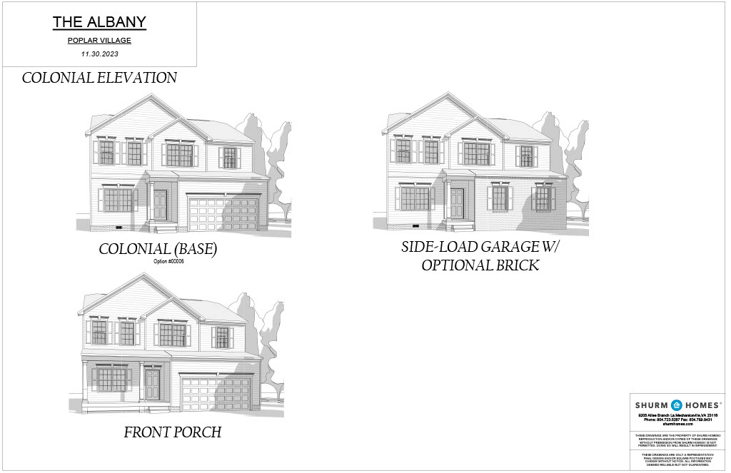 A black and white drawing shows three house elevation options: Colonial Elevation, Side-Load Garage with Optional Brick, and Colonial (Base) with a Front Porch. Text references Shurm Homes and Polar Village.