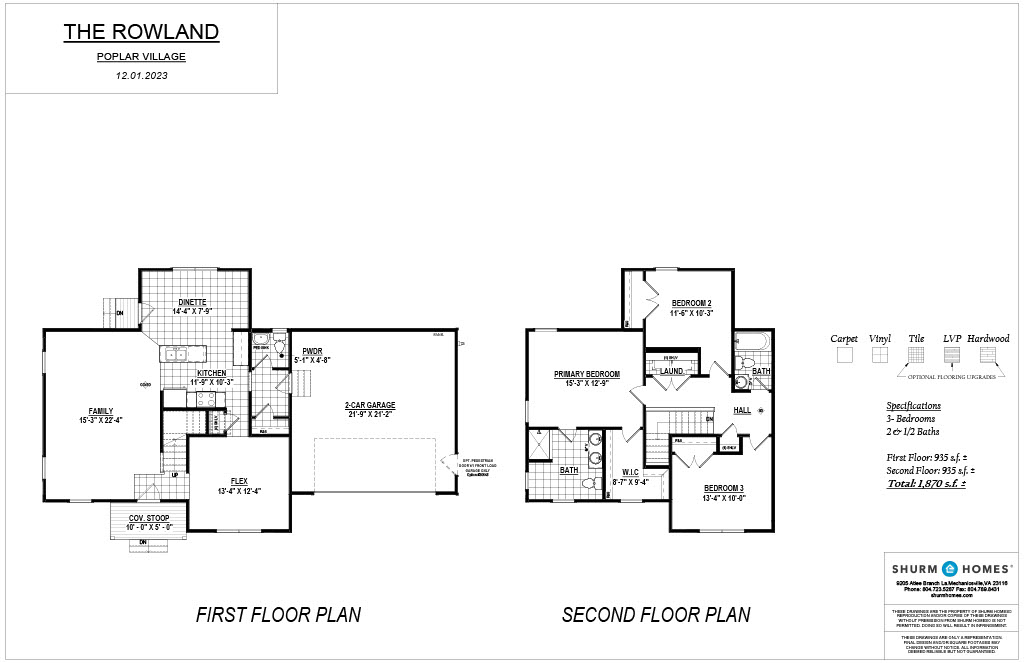 Floor plan of a two-story house named "The Rowland" in Poplar Village. The first floor includes a family room, kitchen, dining area, and two-car garage. The second floor has three bedrooms, two baths, and a loft.
