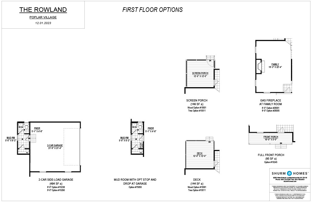 Blueprint of "The Rowland" first floor options at Poplar Village by Shurm Homes. Includes layouts for a 2-car garage, mudroom, screen porch, deck, gas fireplace at family room, and front porch.