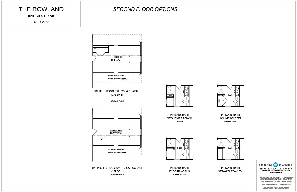 Floor plan titled "The Rowland - Second Floor Options" with diagrams of various room layouts, including garage, primary bedroom, and primary bath configurations. Includes builder logo "Shurm Homes".