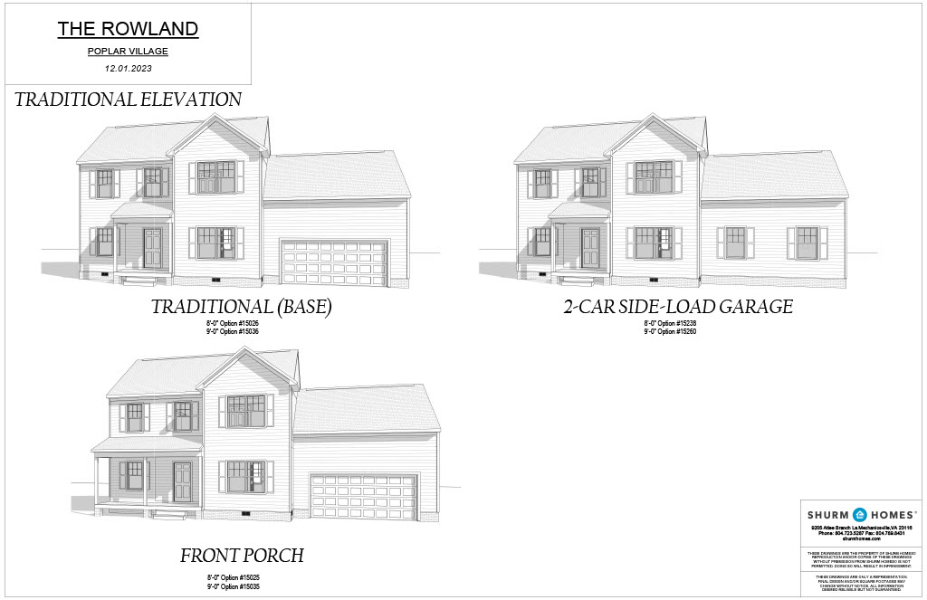 Architectural plans for "The Rowland" house model in Poplar Village, showing traditional elevation options for base, front porch, and 2-car side-load garage. Plans by Shurm Homes, dated 12.07.2023.
