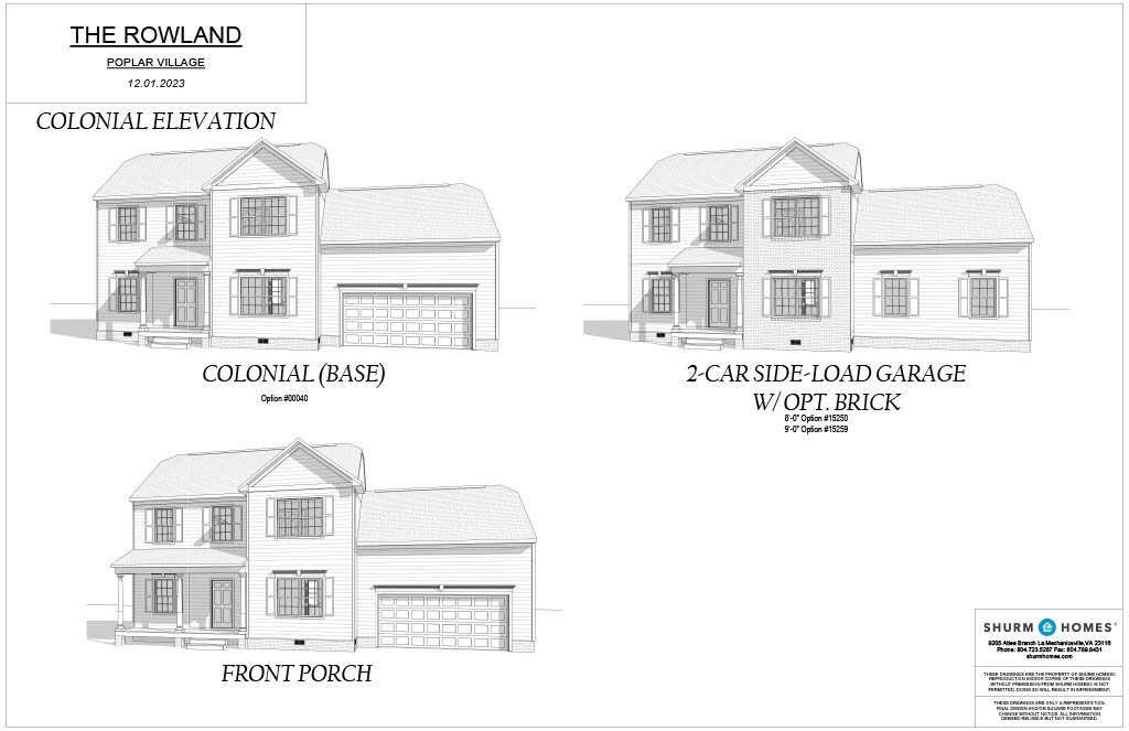 Architectural plans for "The Rowland" house model in Poplar Village, featuring Colonial Elevation, Colonial Base, 2-Car Side-Load Garage with Optional Brick, and Front Porch.